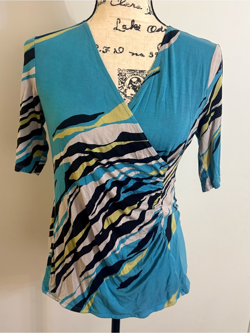 Dana Buchman Teal Multicolor Abstract Wrap-Style Top